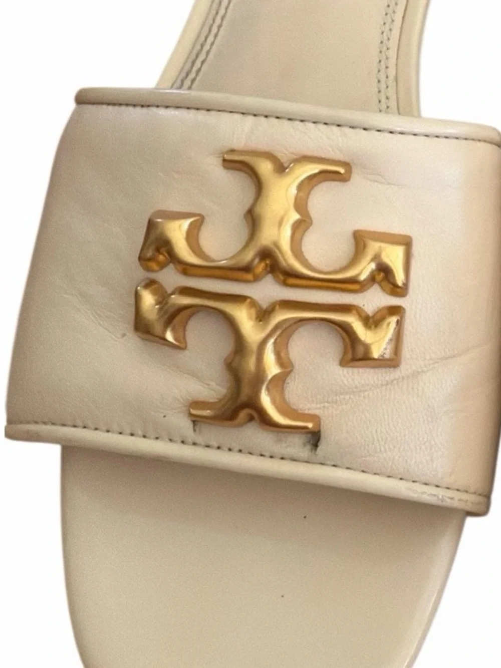 Tory Burch Cream Leather Slide Sandals with Gold Emblem